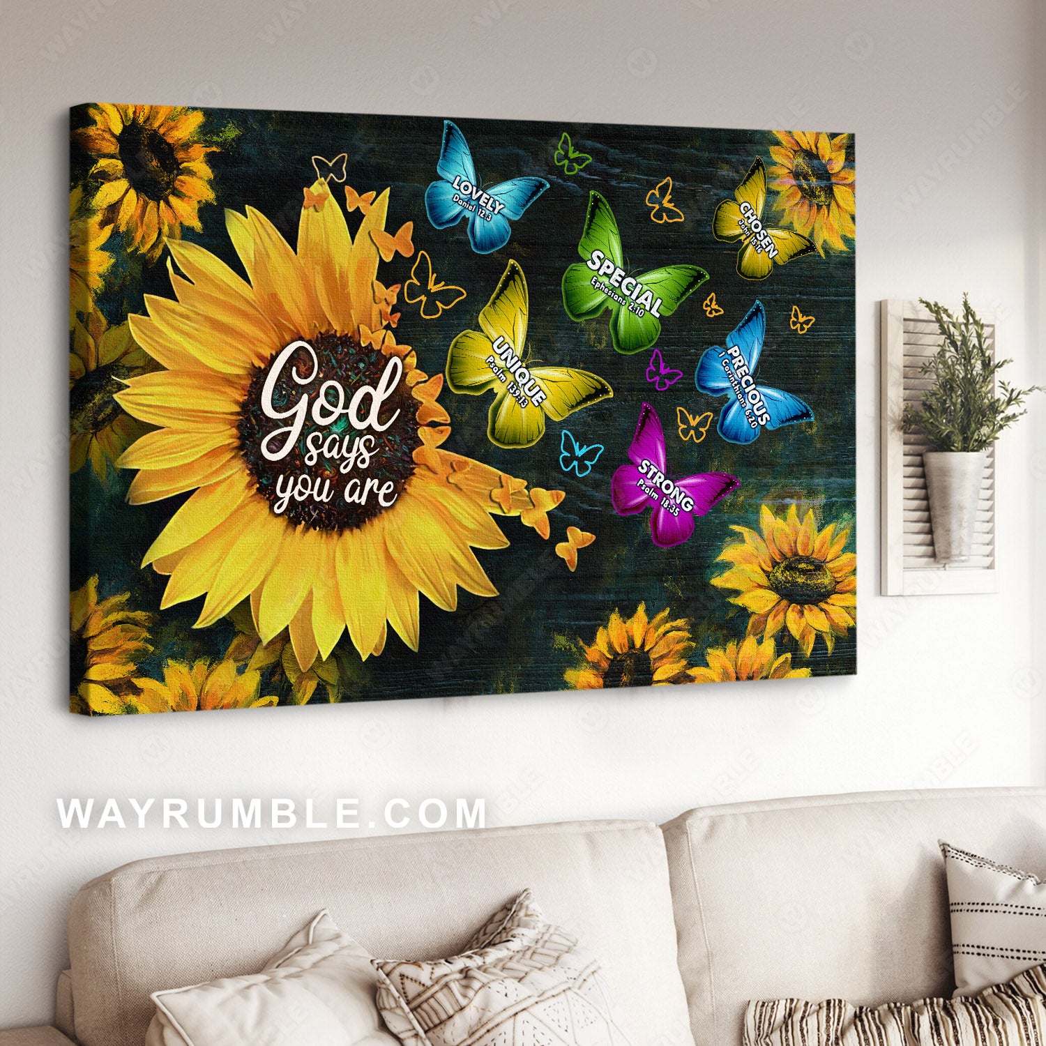 Sunflower painting, Colorful butterfly, Dark blue background, God says you are - Jesus Landscape Canvas Prints, Christian Wall Art