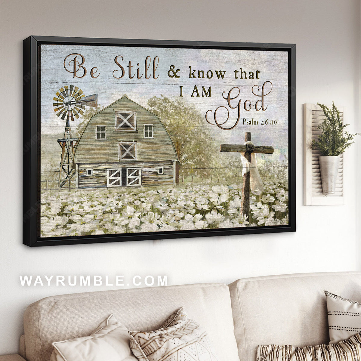 White azalea, Storage house, Wooden cross, Be still I am God - Jesus Landscape Canvas Prints, Christian Wall Art