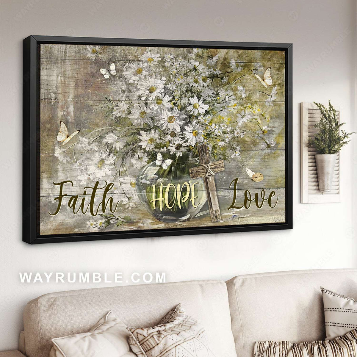 Daisy flower, Glass vase, Jesus cross, Faith hope love - Jesus Landscape Canvas Prints, Christian Wall Art