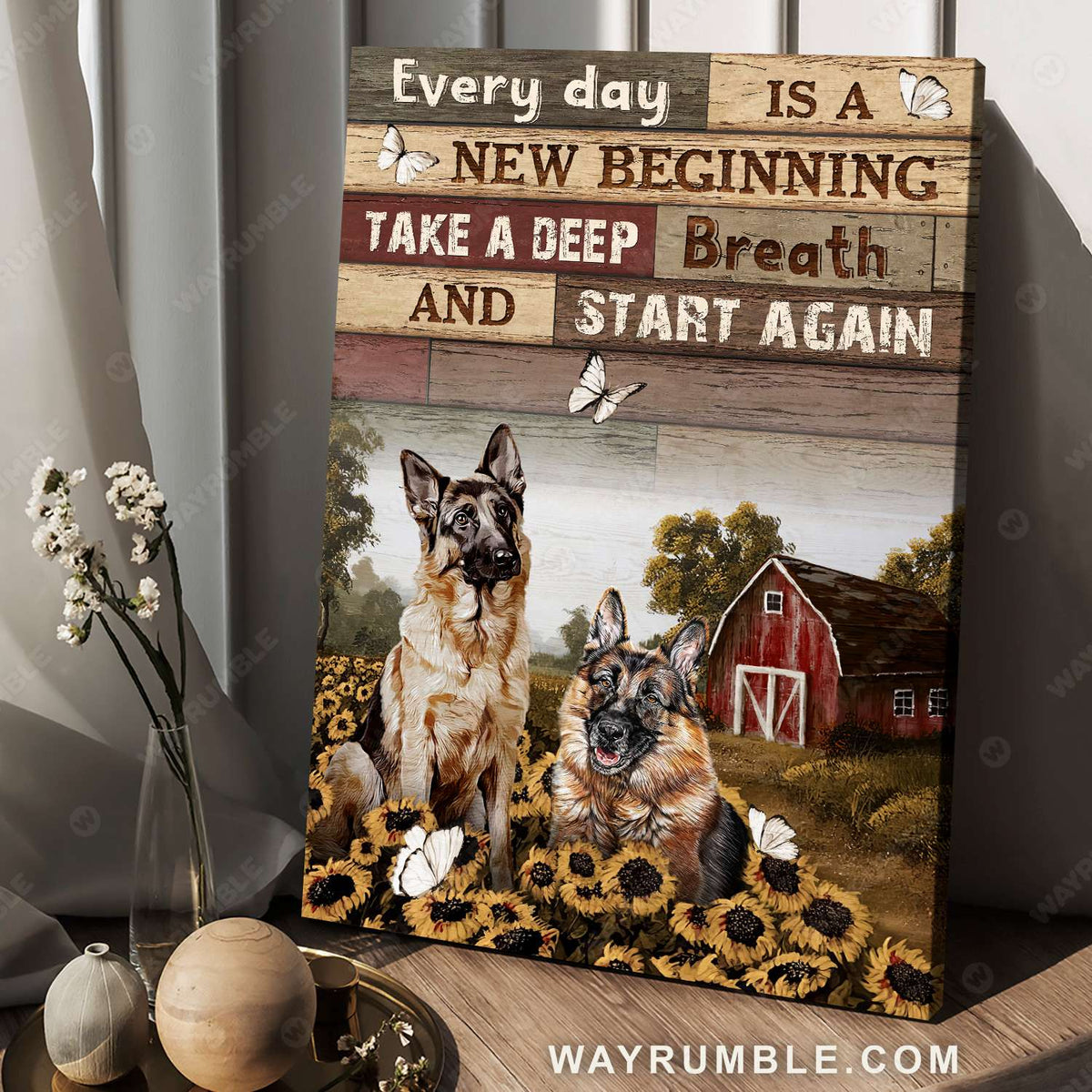 German Shepherd, Barn house painting, Sunflower garden, Everyday is a new beginning - Jesus Portrait Canvas Prints, Christian Wall Art