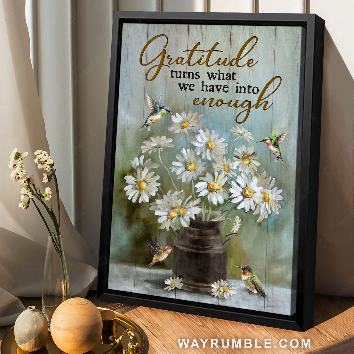 Daisy flowers, Colorful hummingbirds, Gratitude turns into enough - Jesus Portrait Canvas Prints, Christian Wall Art