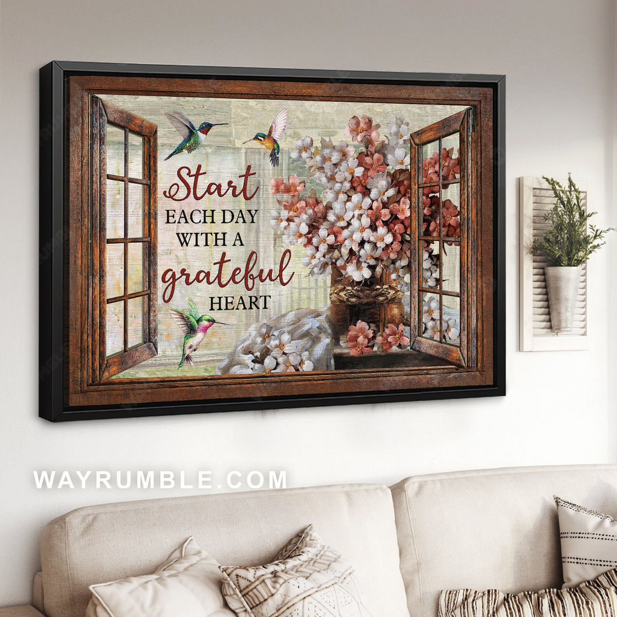 Blossom flower, Hummingbird, Window frame, Start each day with a grateful heart - Jesus Landscape Canvas Prints, Christian Wall Art