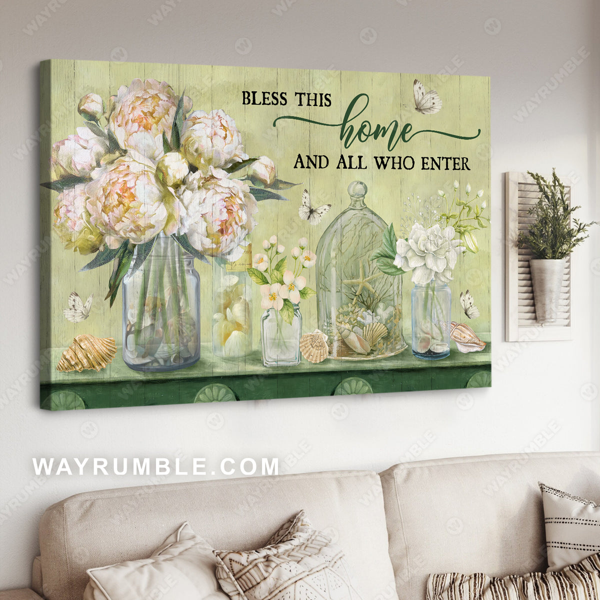 White peony, Flower vase, Green background, Bless this home - Jesus Landscape Canvas Prints, Christian Wall Art