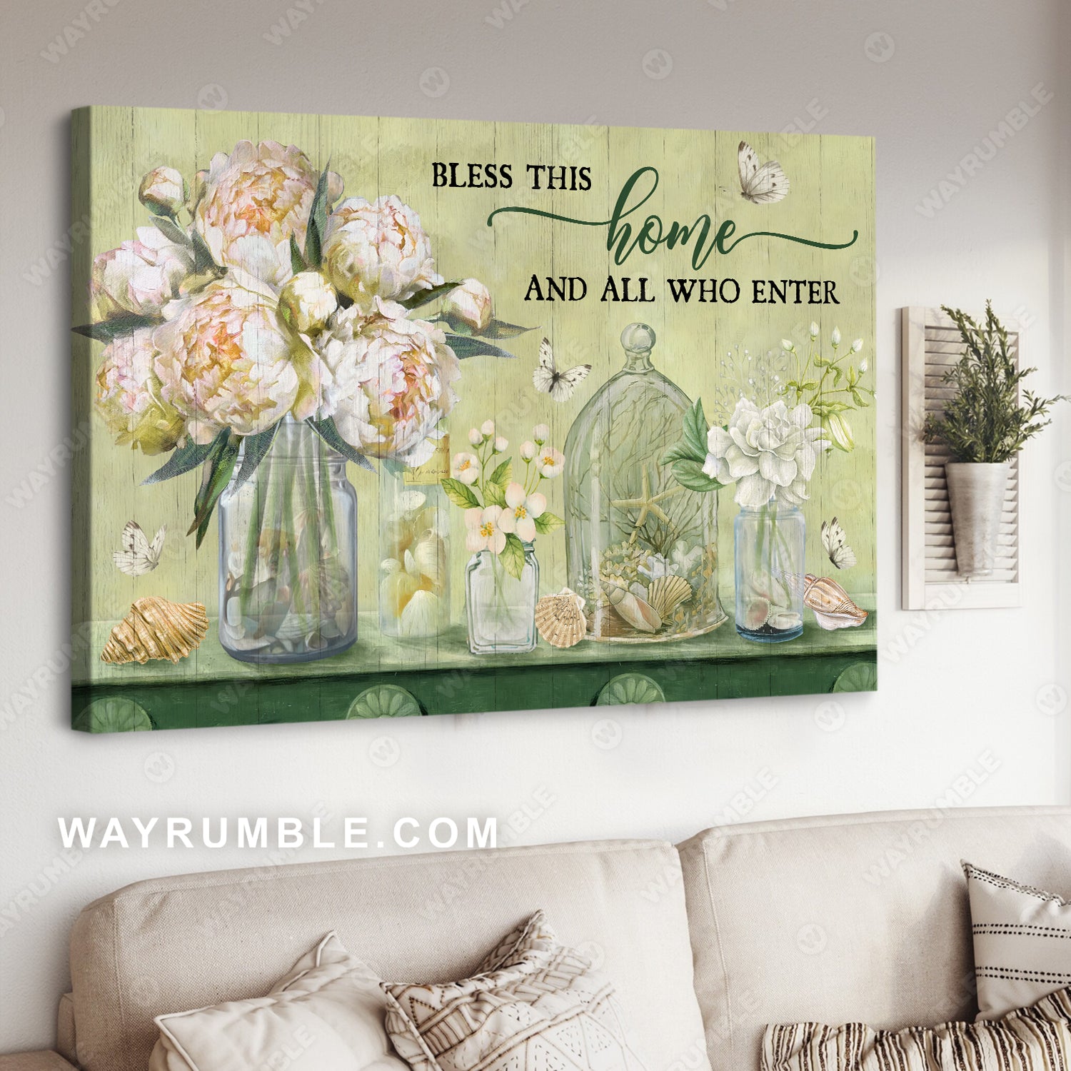 White peony, Flower vase, Green background, Bless this home - Jesus Landscape Canvas Prints, Christian Wall Art