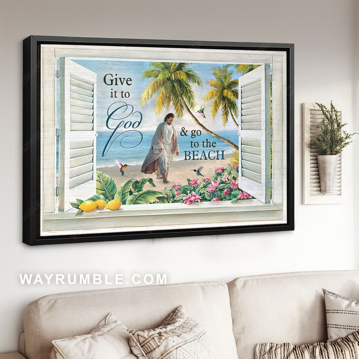 Jesus walks, Sand beach, Palm trees, Pink flowers, Give it to God - Jesus Landscape Canvas Prints, Christian Wall Art