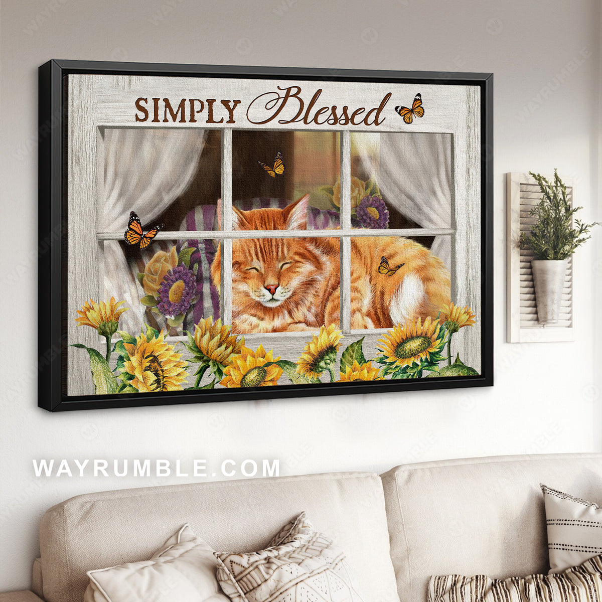 Orange tabby cat, Sunflower painting, White window, Simply blessed - Jesus Landscape Canvas Prints, Christian Wall Art