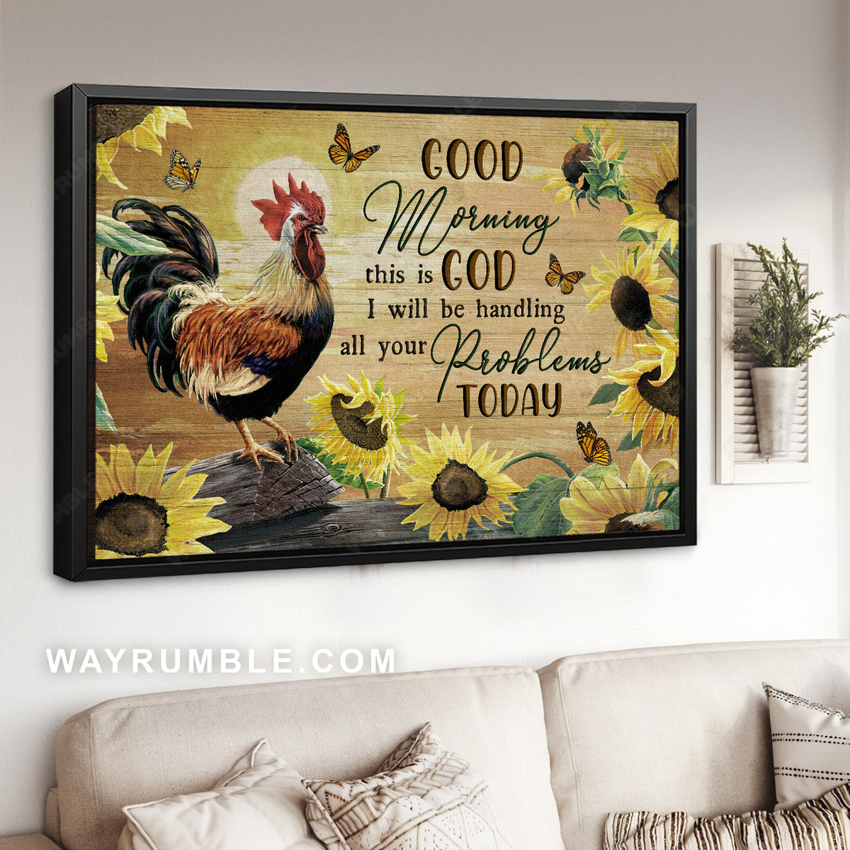 Rooster painting, Sunflower, Monarch butterfly, Good morning - Jesus Landscape Canvas Prints, Christian Wall Art