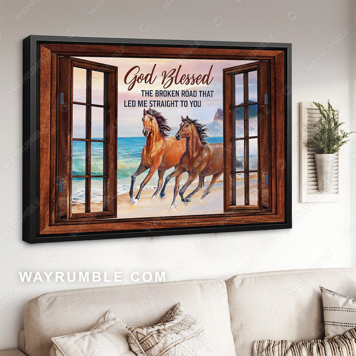Horse painting, Running horses on the beach, Beach painting, Window frame, God blessed the broken road that led me to you - Jesus Landscape Canvas Prints, Wall Art