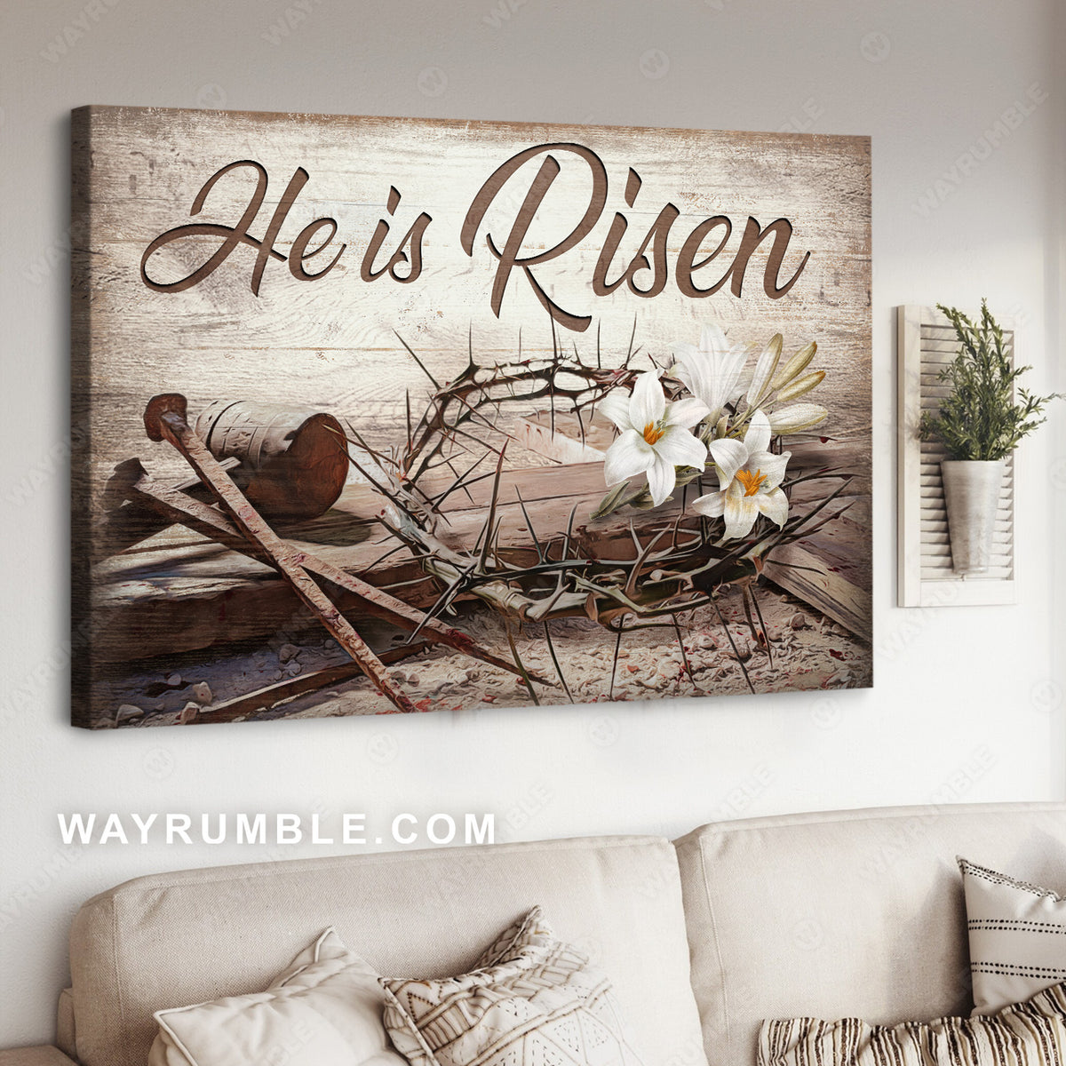 Crown of thorns, Lily flower, Cross symbol, He is risen - Jesus Landscape Canvas Prints, Christian Wall Art