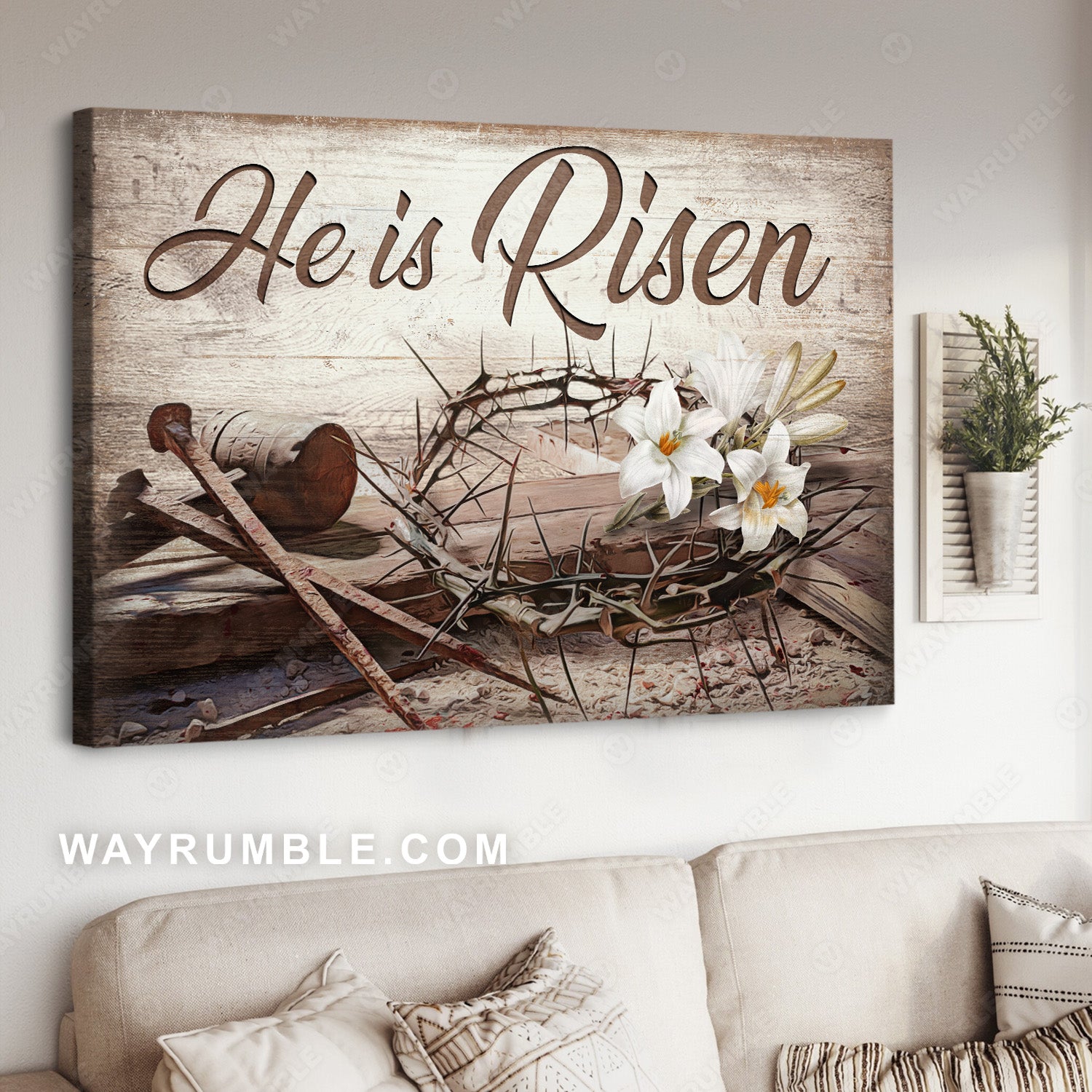 Crown of thorns, Lily flower, Cross symbol, He is risen - Jesus Landscape Canvas Prints, Christian Wall Art