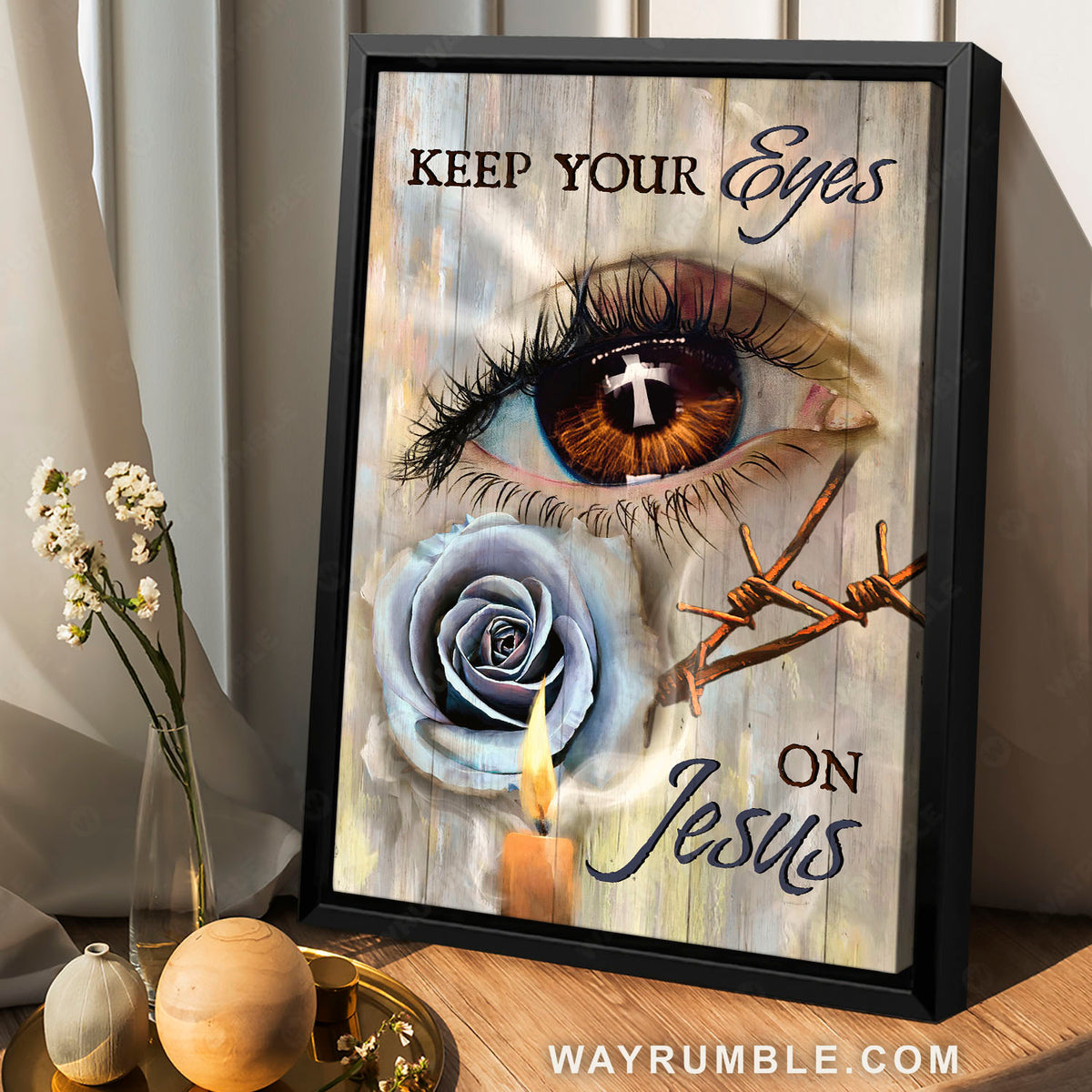 Brown eye, Purple rose, Candle light, Keep your eyes on Jesus - Jesus Portrait Canvas Prints, Christian Wall Art