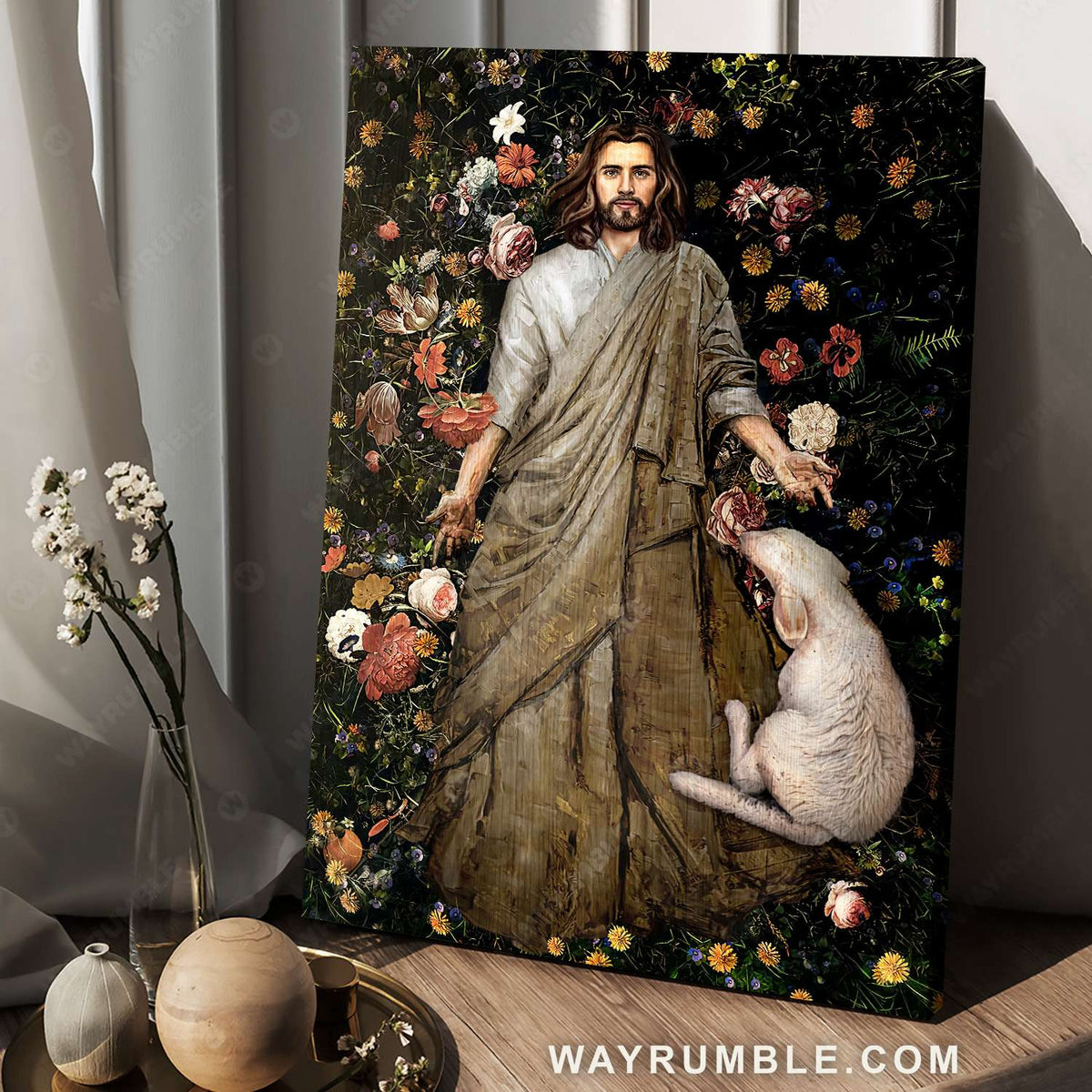 Jesus painting, Flower garden, White sheep, The life of Jesus - Jesus Portrait Canvas Prints, Christian Wall Art