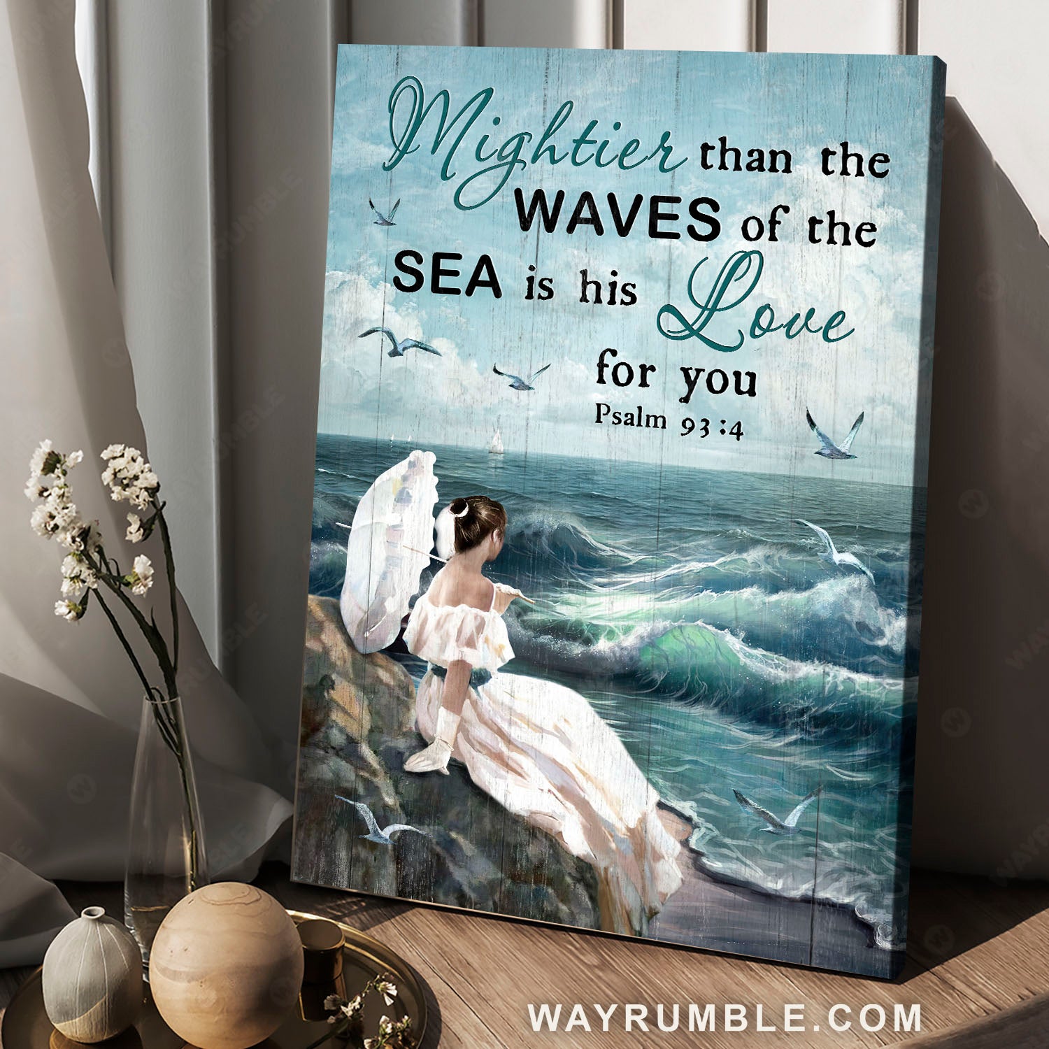 White dress, Bride painting Ocean waves, Mightier than waves is his love - Jesus Portrait Canvas Prints, Christian Wall Art