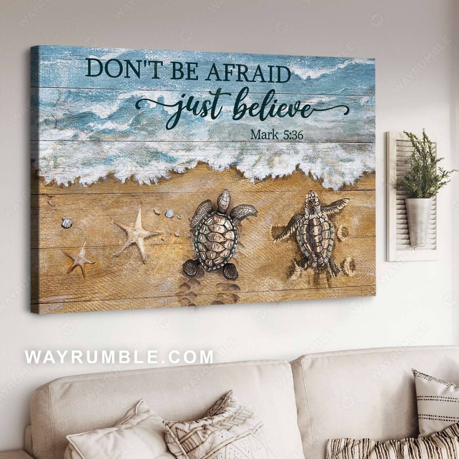 Beach painting, Turtle, Starfish, Don't be afraid, Just believe - Jesus Landscape Canvas Prints, Christian Wall Art