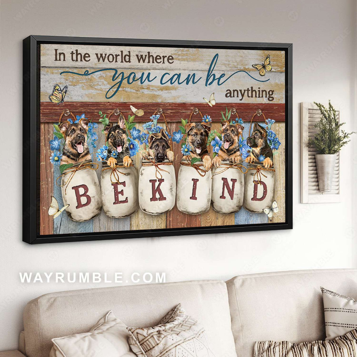 German shepherd puppy, Blue flower, Mason jars, You can be anything - Jesus Landscape Canvas Prints, Christian Wall Art