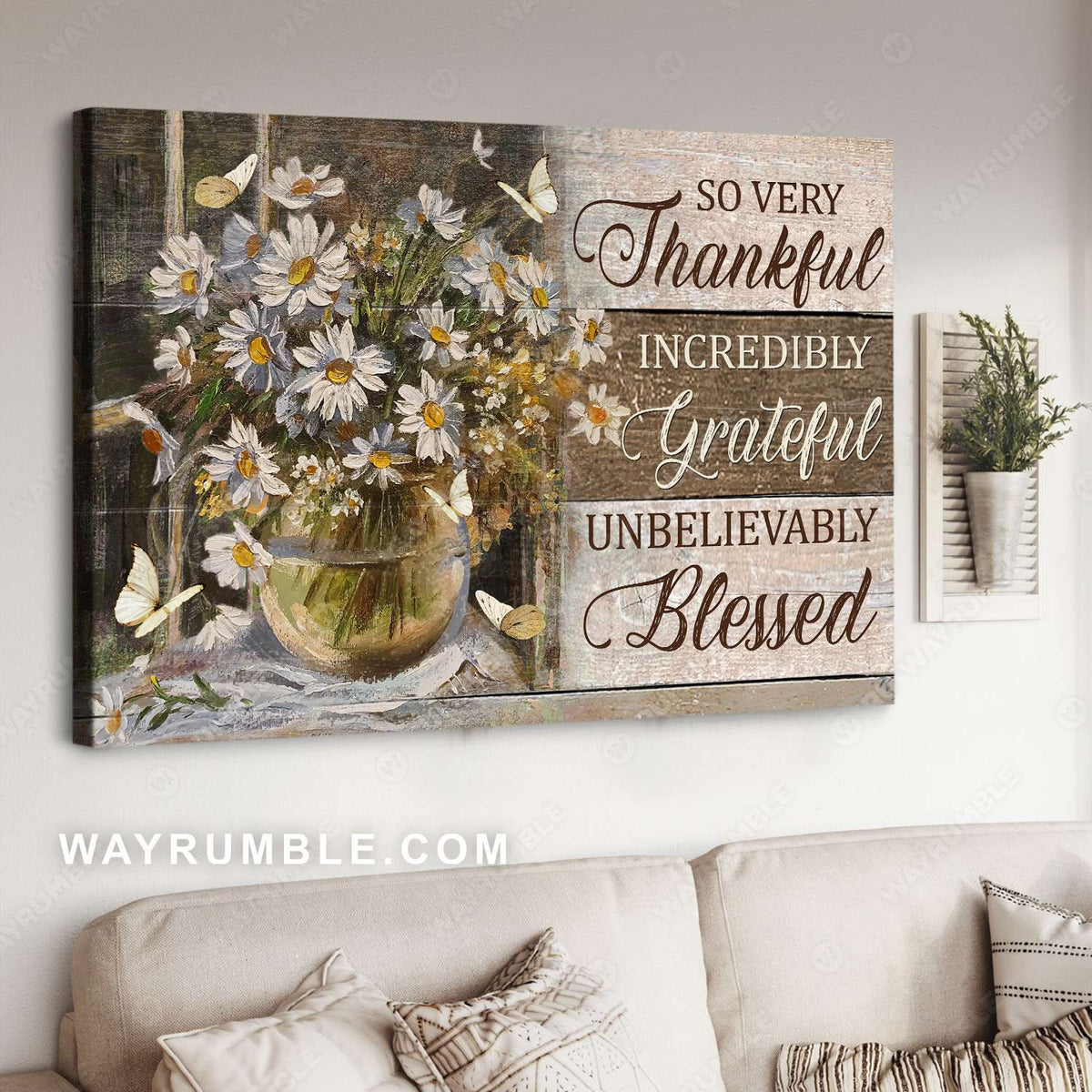 White daisy, Flower vase, White butterfly, Vintage picture, So very thankful - Jesus Landscape Canvas Prints, Christian Wall Art