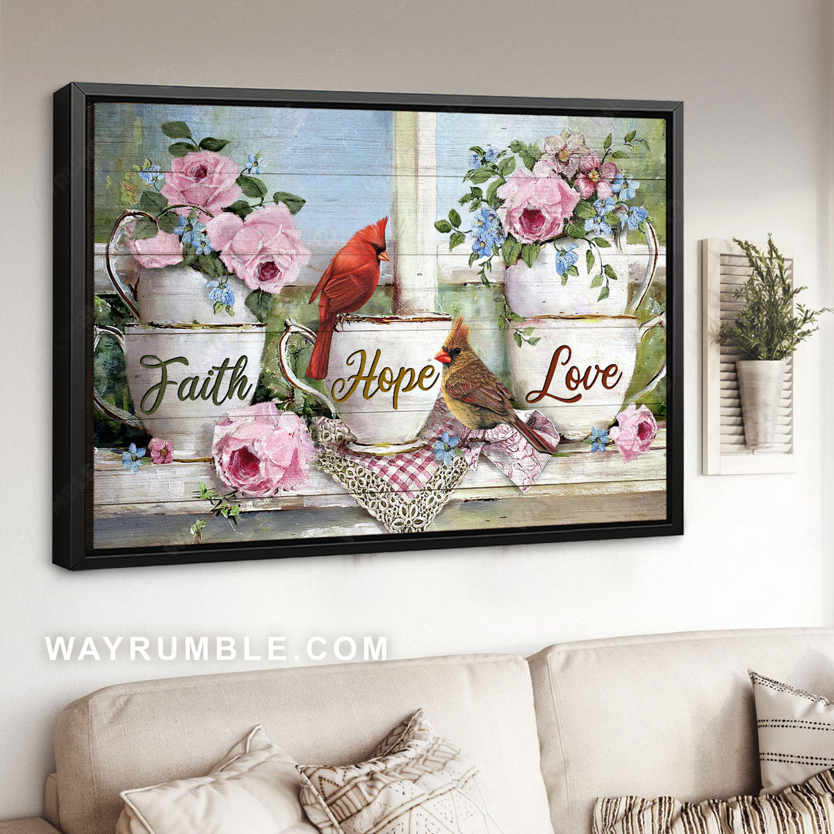 Male and female cardinal, Pink roses, Tea cup, Faith hope love - Jesus Landscape Canvas Prints, Christian Wall Art