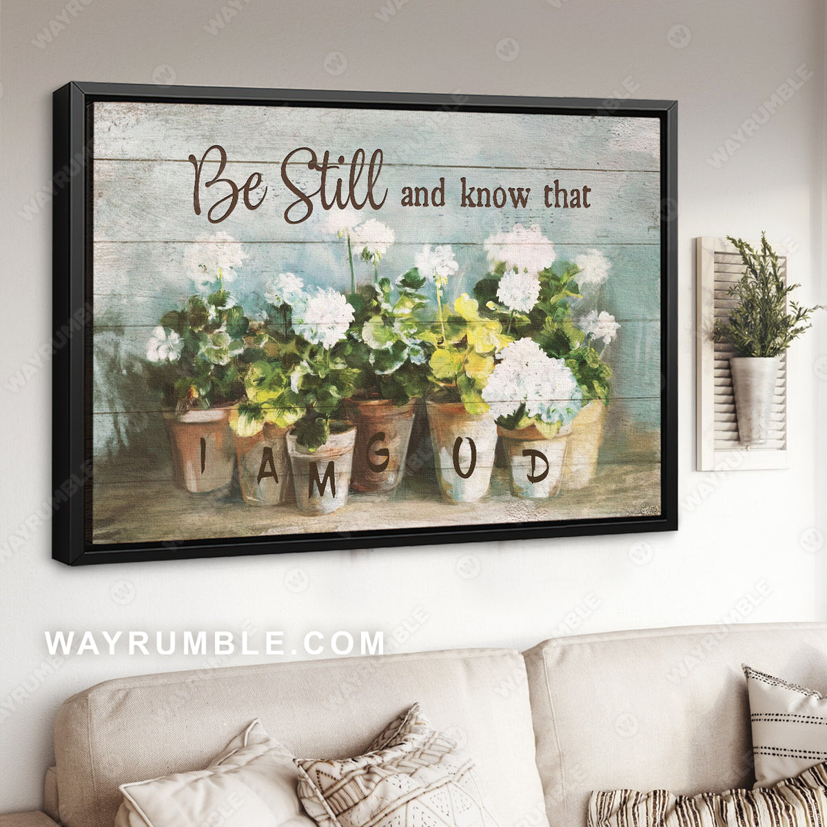 White flower painting, Hydrangea pot, Be still and know that I am God - Jesus Landscape Canvas Prints, Christian Wall Art