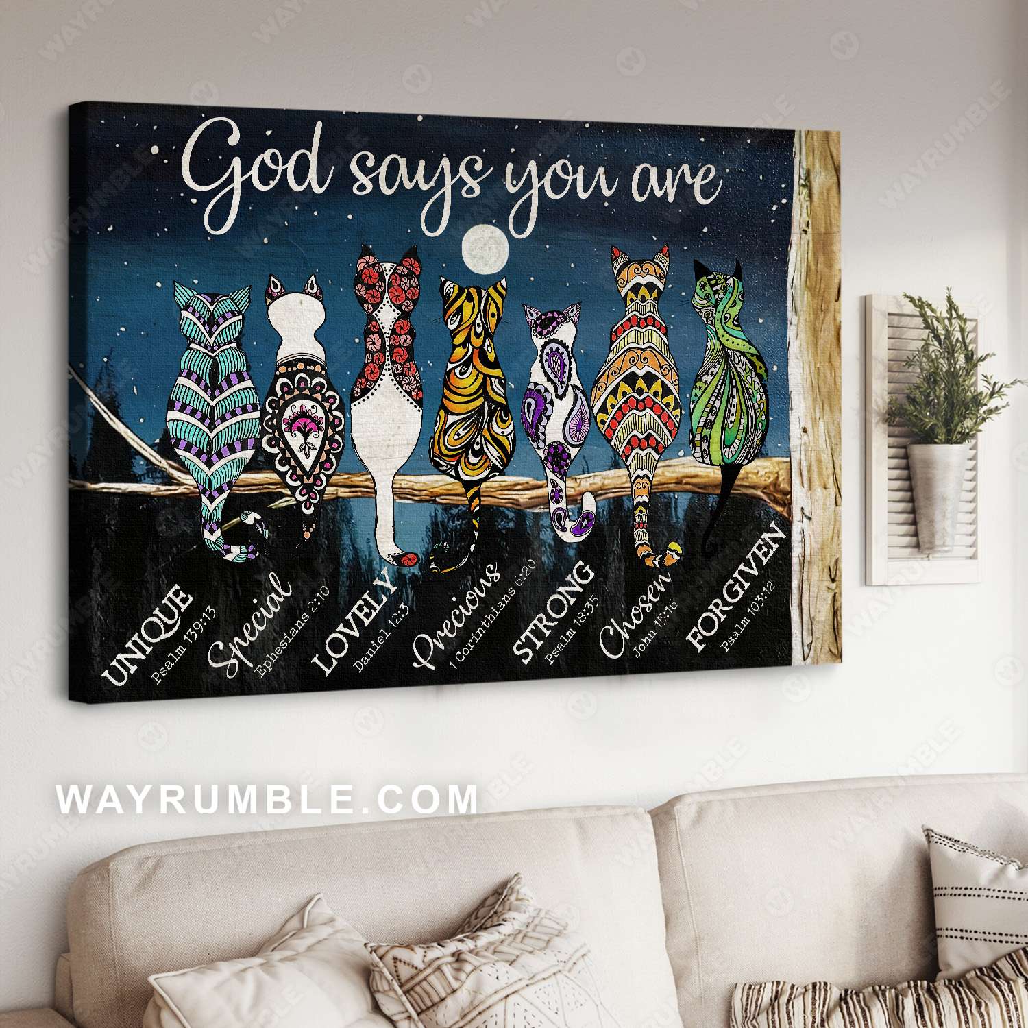 Cat painting, Under the night sky, Full moon painting, God says you are - Jesus Landscape Canvas Prints, Christian Wall Art