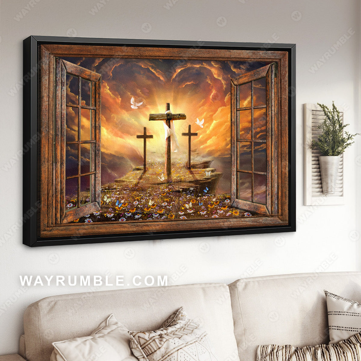 Window frame, Sunset painting, Path to heaven, The three crosses - Jesus Landscape Canvas Prints, Wall Art