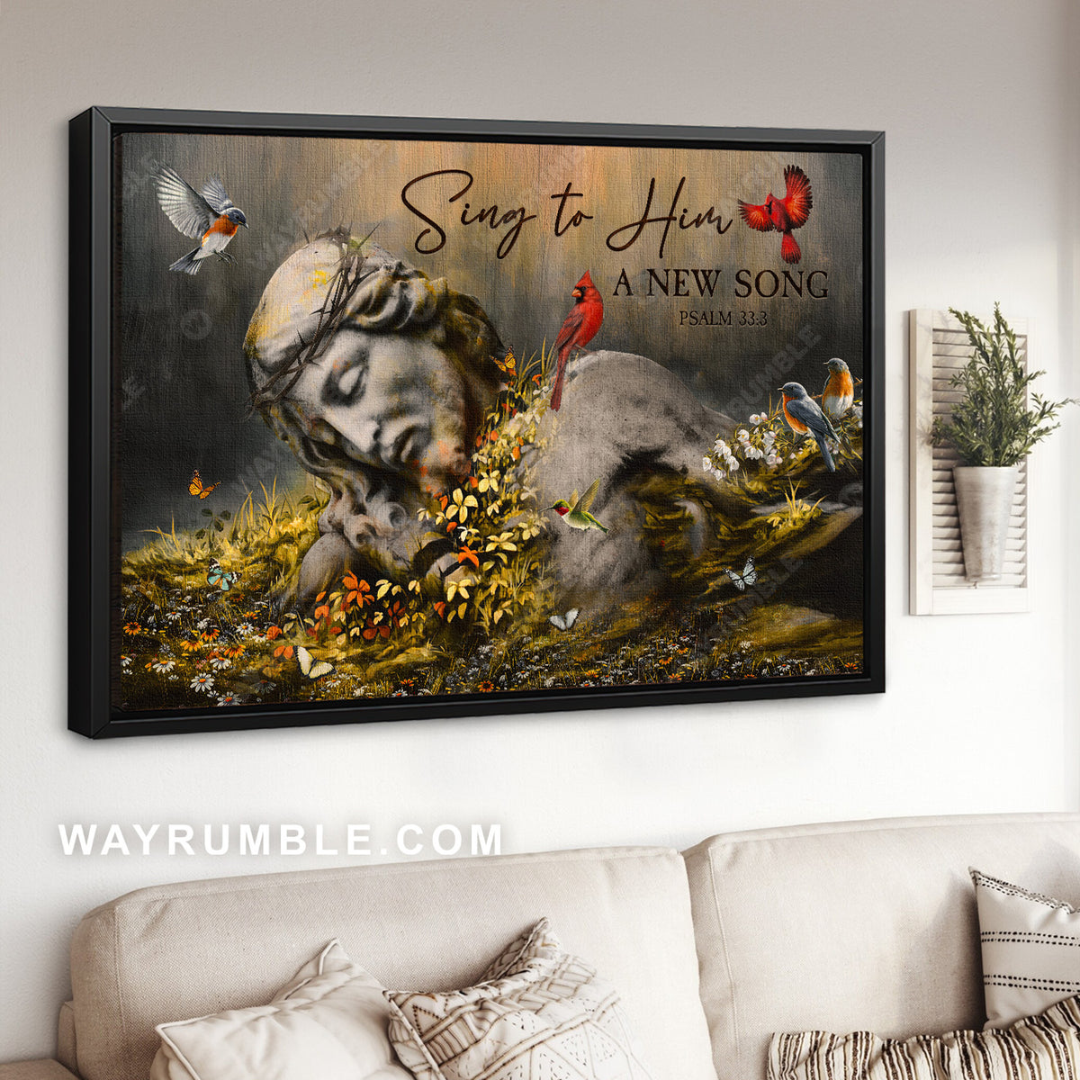 Jesus statue, Sleeping God, Cute birds, Sing to him - Jesus Landscape Canvas Prints, Christian Wall Art