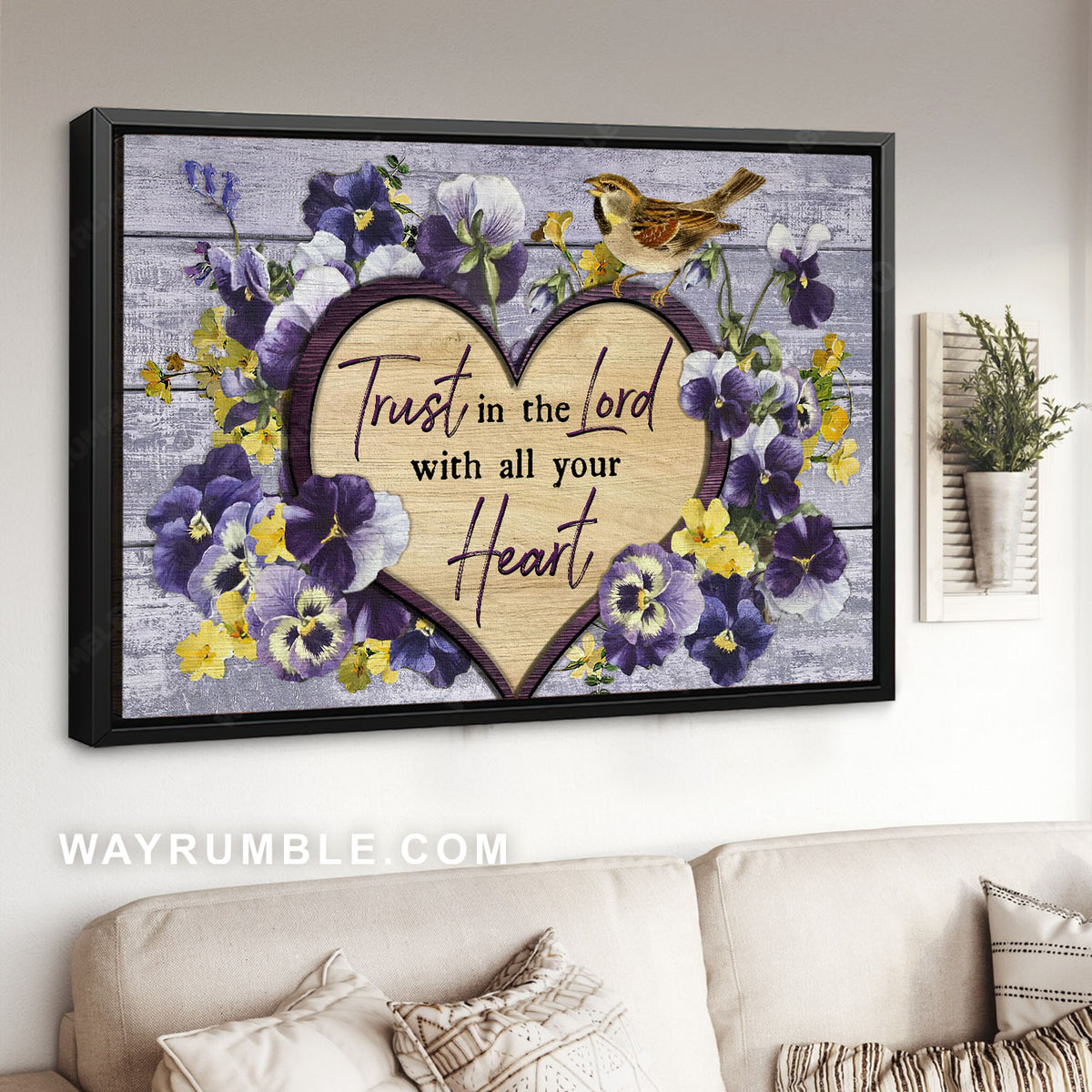 Pansy flower, Little bird, Heart shape, Trust in the Lord - Jesus Landscape Canvas Prints, Christian Wall Art