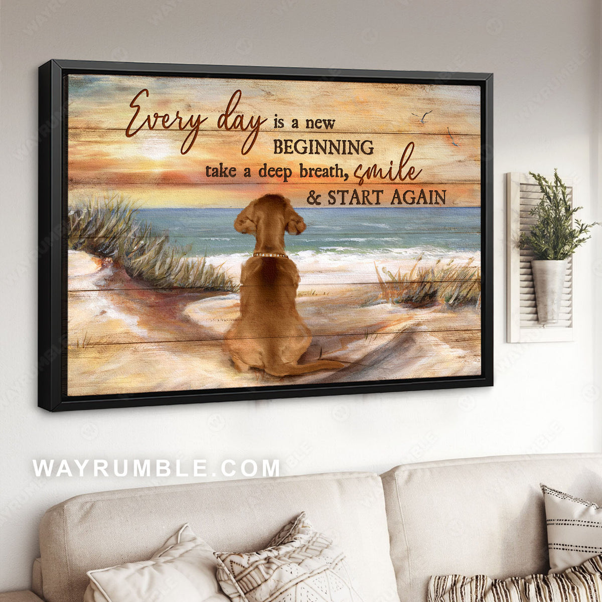 Sitting dog, Sunrise ocean, Sandy beach, Every day is a new beginning - Jesus Landscape Canvas Prints, Christian Wall Art