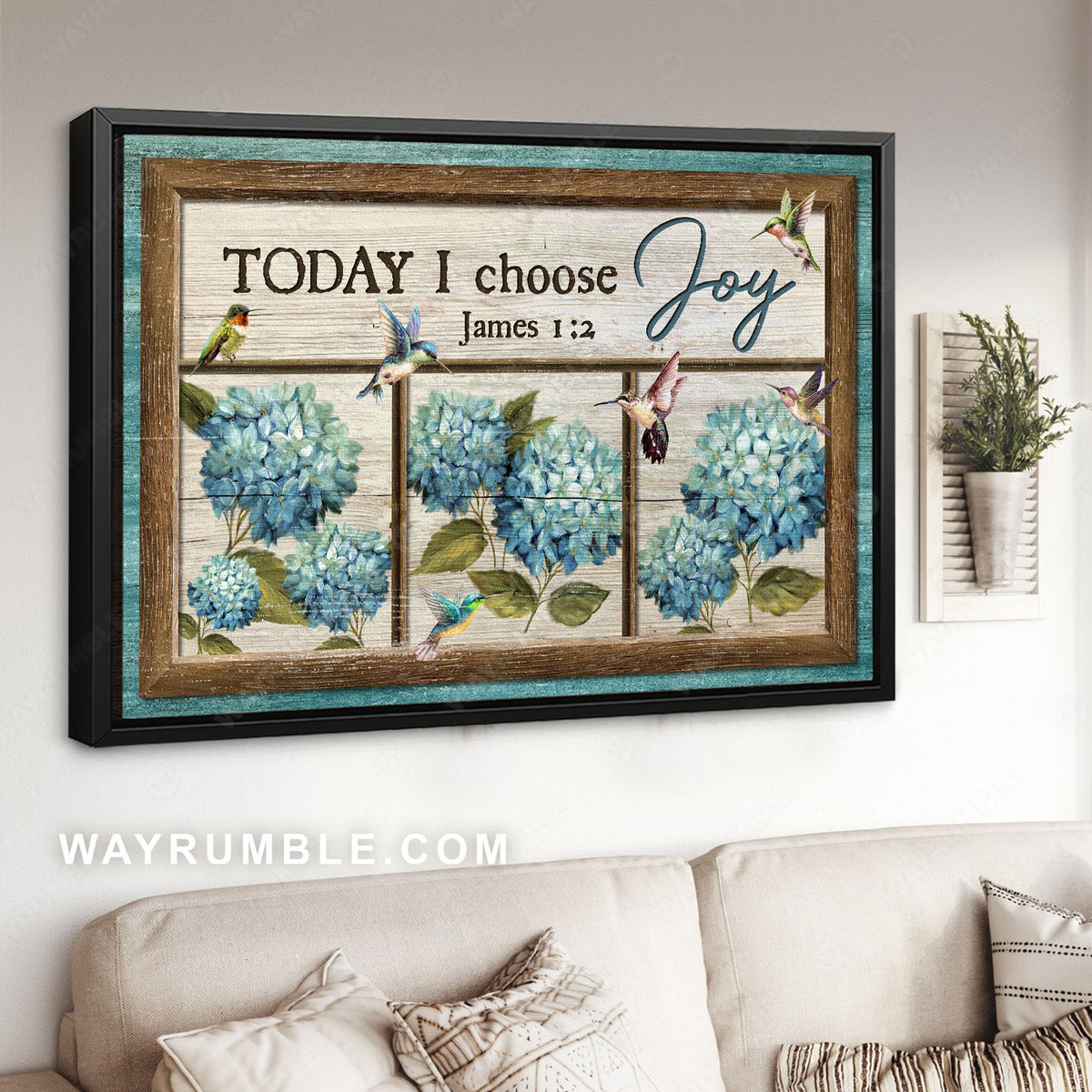 Blue hydrangea, Colorful hummingbirds, Today I choose joy - Jesus Landscape Canvas Prints, Christian Wall Art