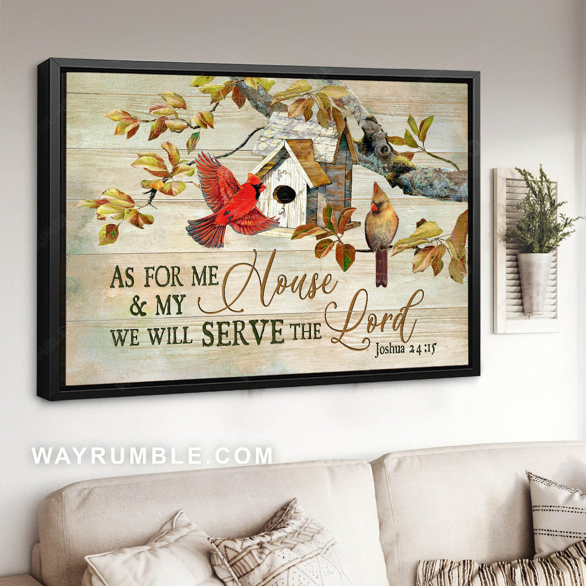 Male and female cardinals, Bird house, Tree branch, Serve the Lord - Jesus Landscape Canvas Prints, Christian Wall Art
