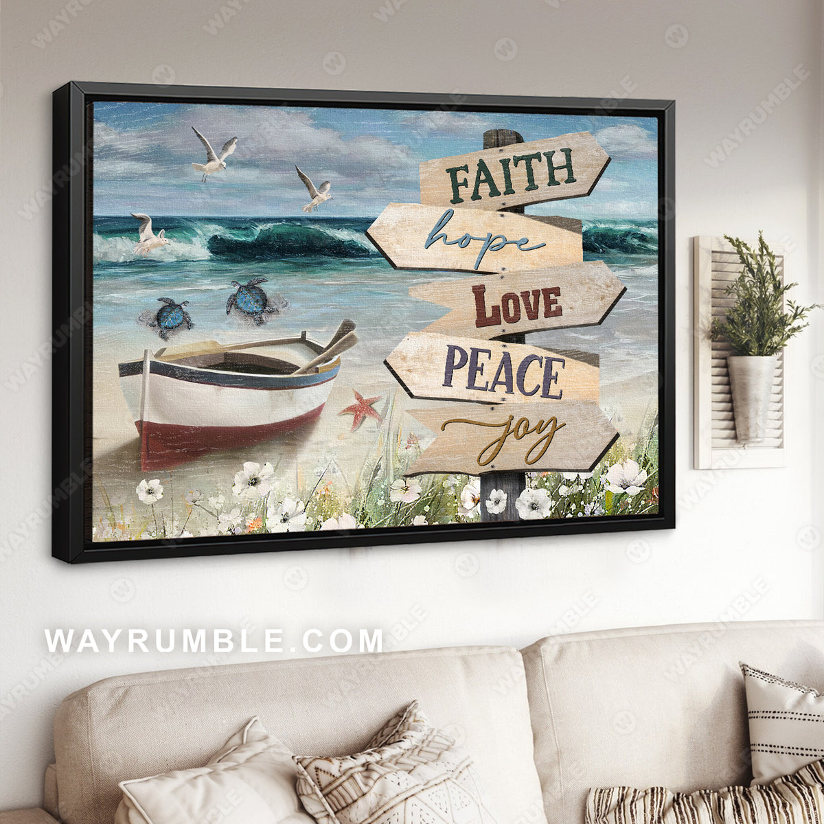 Wooden boat, Sandy beach, Sea turtle, Blue sky, Faith hope love - Jesus Landscape Canvas Prints, Christian Wall Art