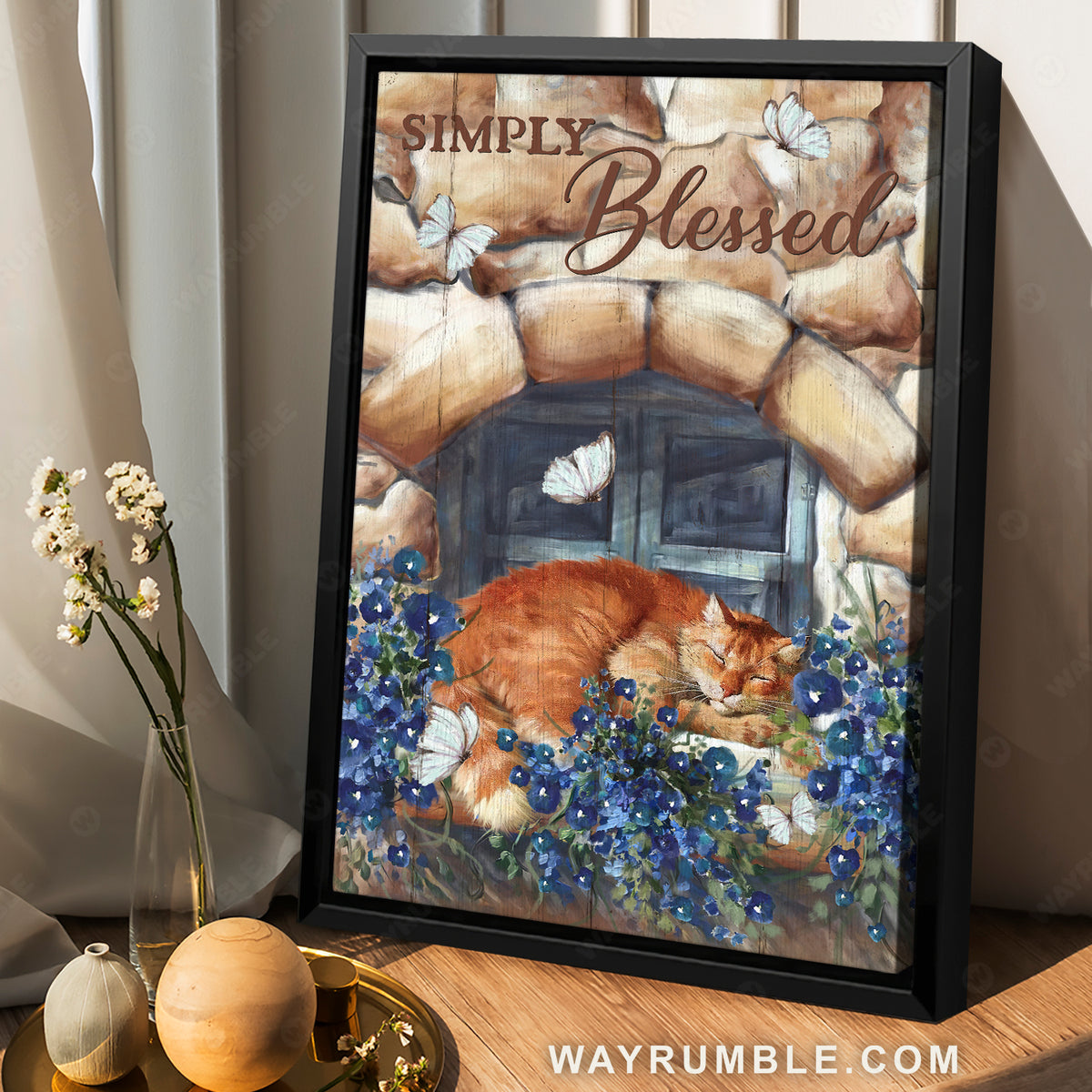 Blue bellflower, Sleeping cat, Stone wall, Simply blessed - Jesus Portrait Canvas Prints, Christian Wall Art