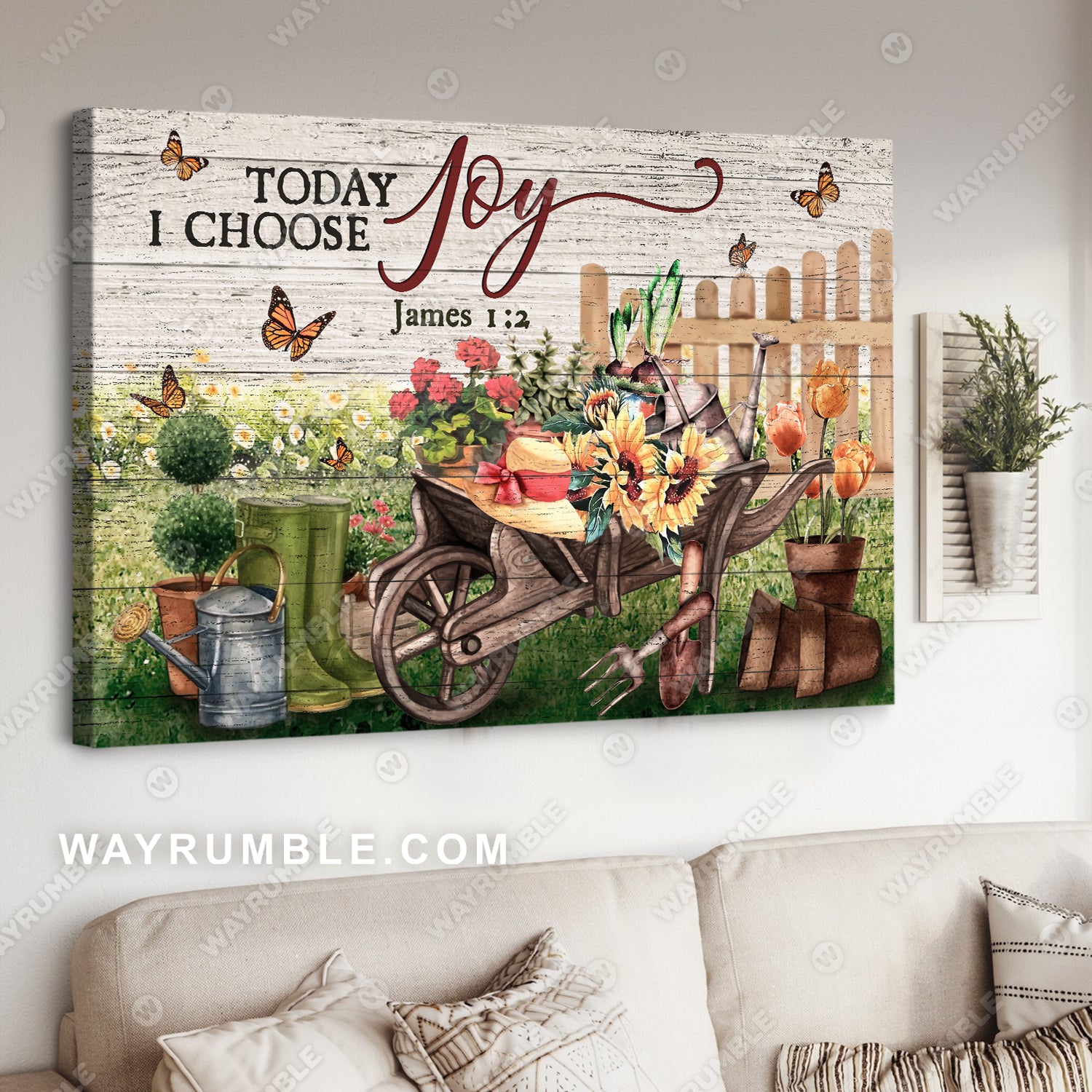 Flower planting, Picket fence, Monarch butterfly, Today I choose joy - Jesus Landscape Canvas Prints, Christian Wall Art