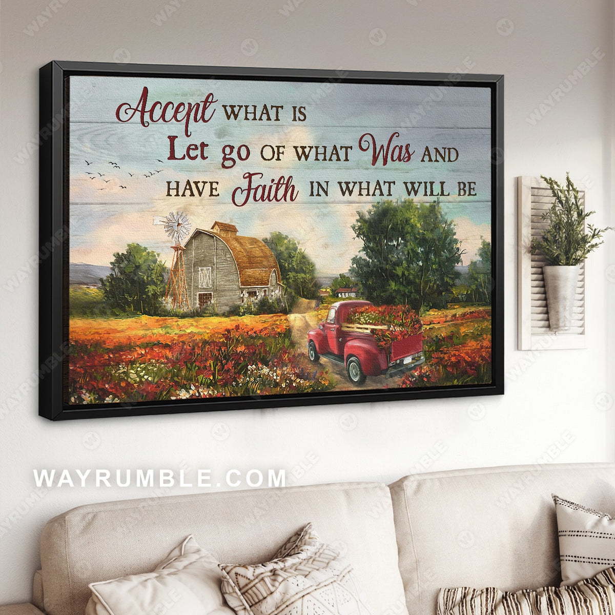 Field of flowers, Red car, Amazing barn, Have faith in what will be - Jesus Landscape Canvas Prints, Christian Wall Art
