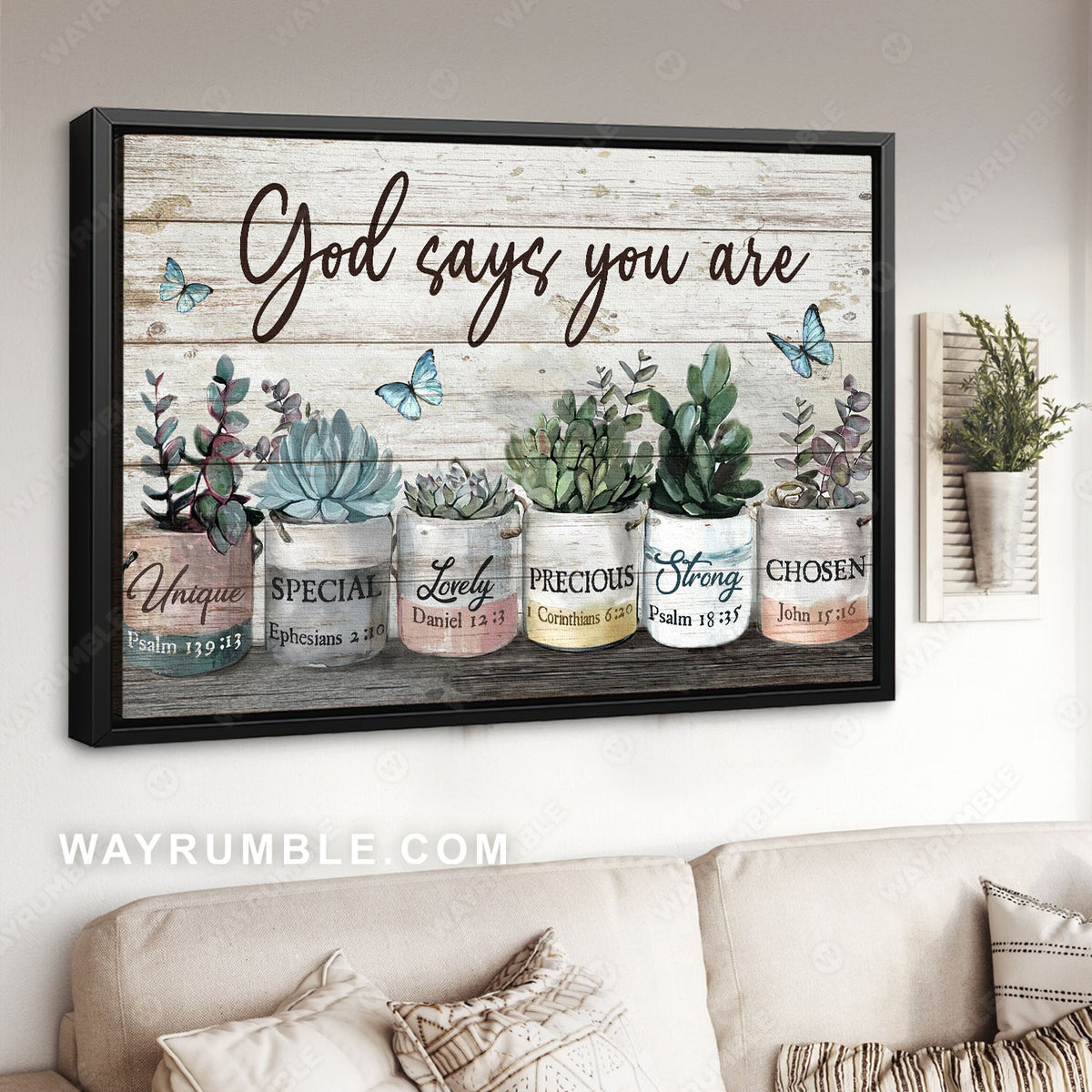 Echeveria types, Plant pot, Blue butterfly, God says you are precious - Jesus Landscape Canvas Prints, Christian  Wall Art