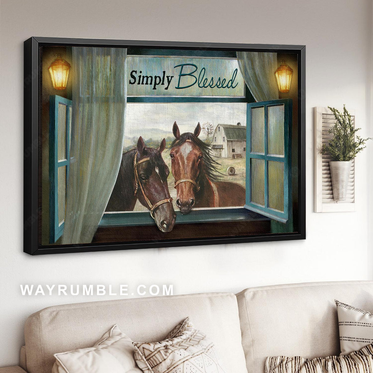 Horses drawing, Farm land, Thru the window, Simply blessed - Jesus Landscape Canvas Prints, Christian Wall Art