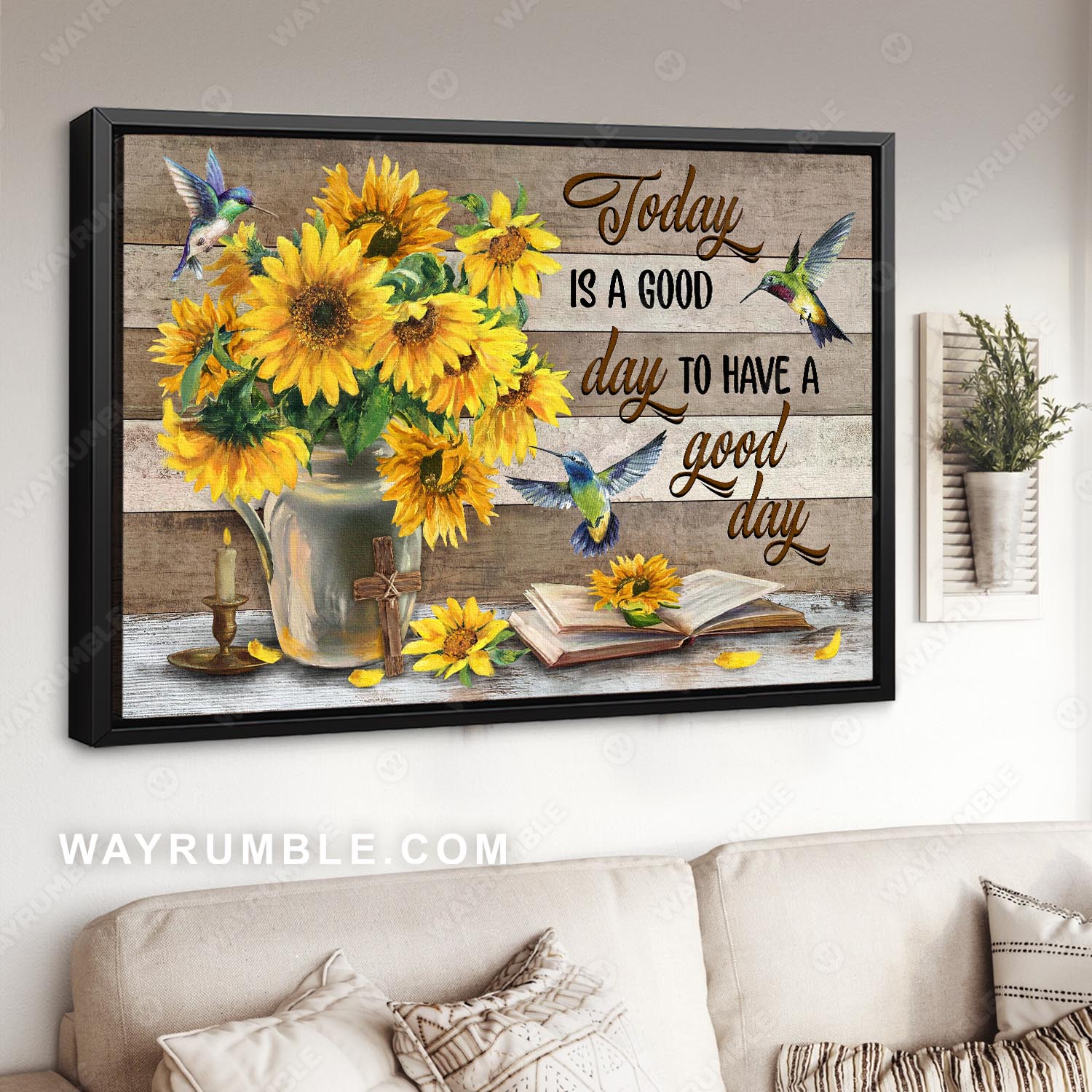 Sunflower vase, Still life painting, Hummingbird, Today is a good day - Jesus Landscape Canvas Prints, Christian Wall Art