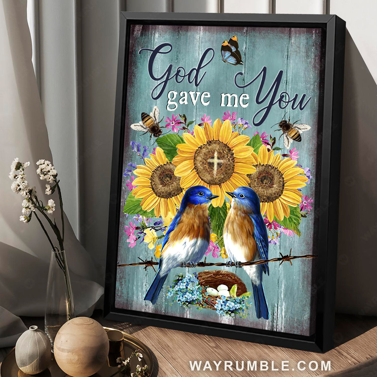 Eastern bluebirds, Bird nest, Sunflower, God gave me you - Jesus Portrait Canvas Prints, Christian Wall Art