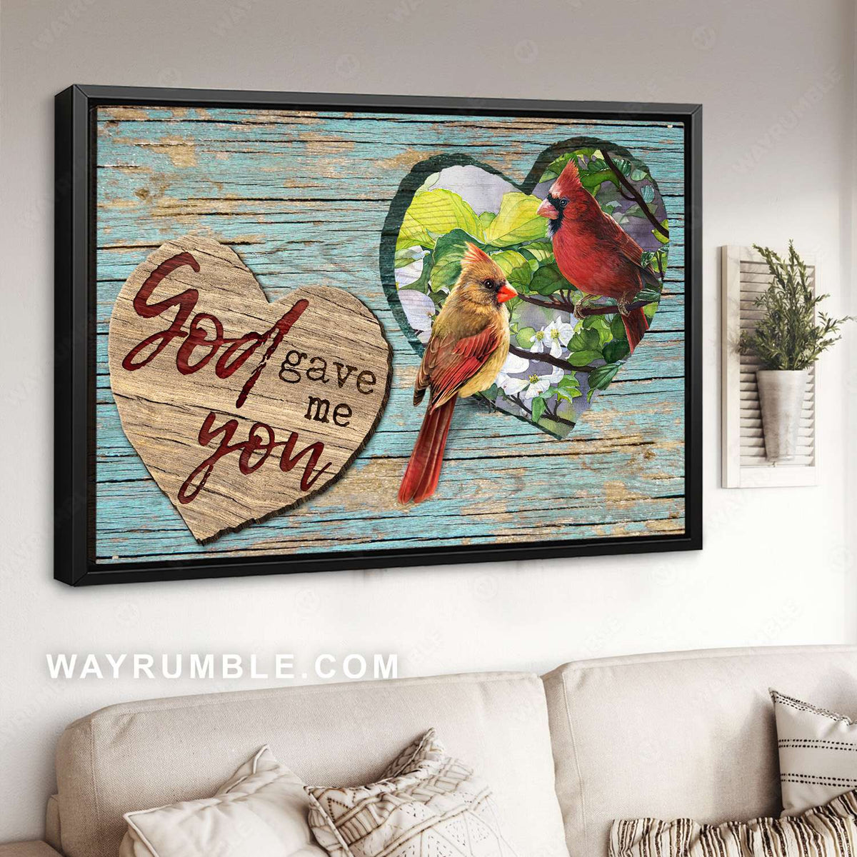 Cardinal birds, Heart shape, Tree branch, God gave me you - Jesus Landscape Canvas Prints, Christian Wall Art