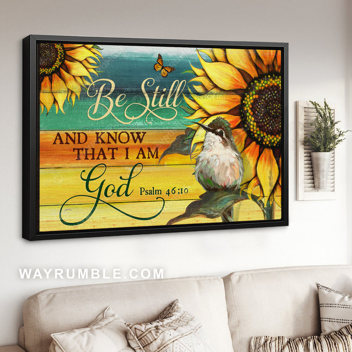 Baby hummingbird, Giant sunflower, Be still I am God - Jesus Landscape Canvas Prints, Christian Wall Art