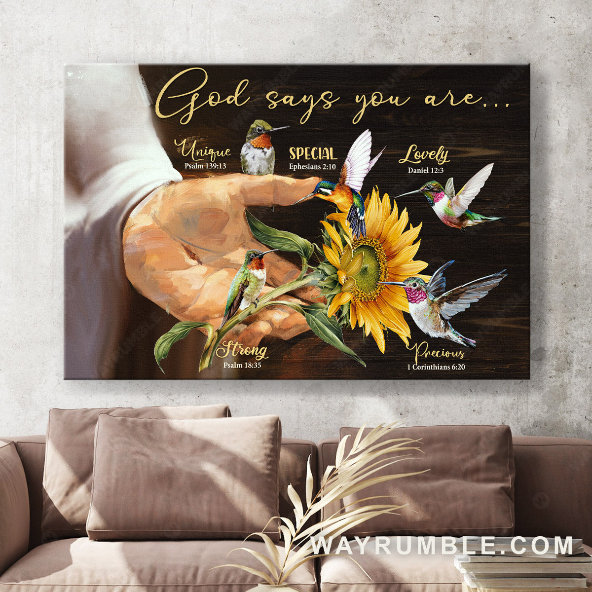 The hand of God, Sunflower and hummingbird, God says you are - Jesus Landscape Canvas Prints, Christian Wall Art