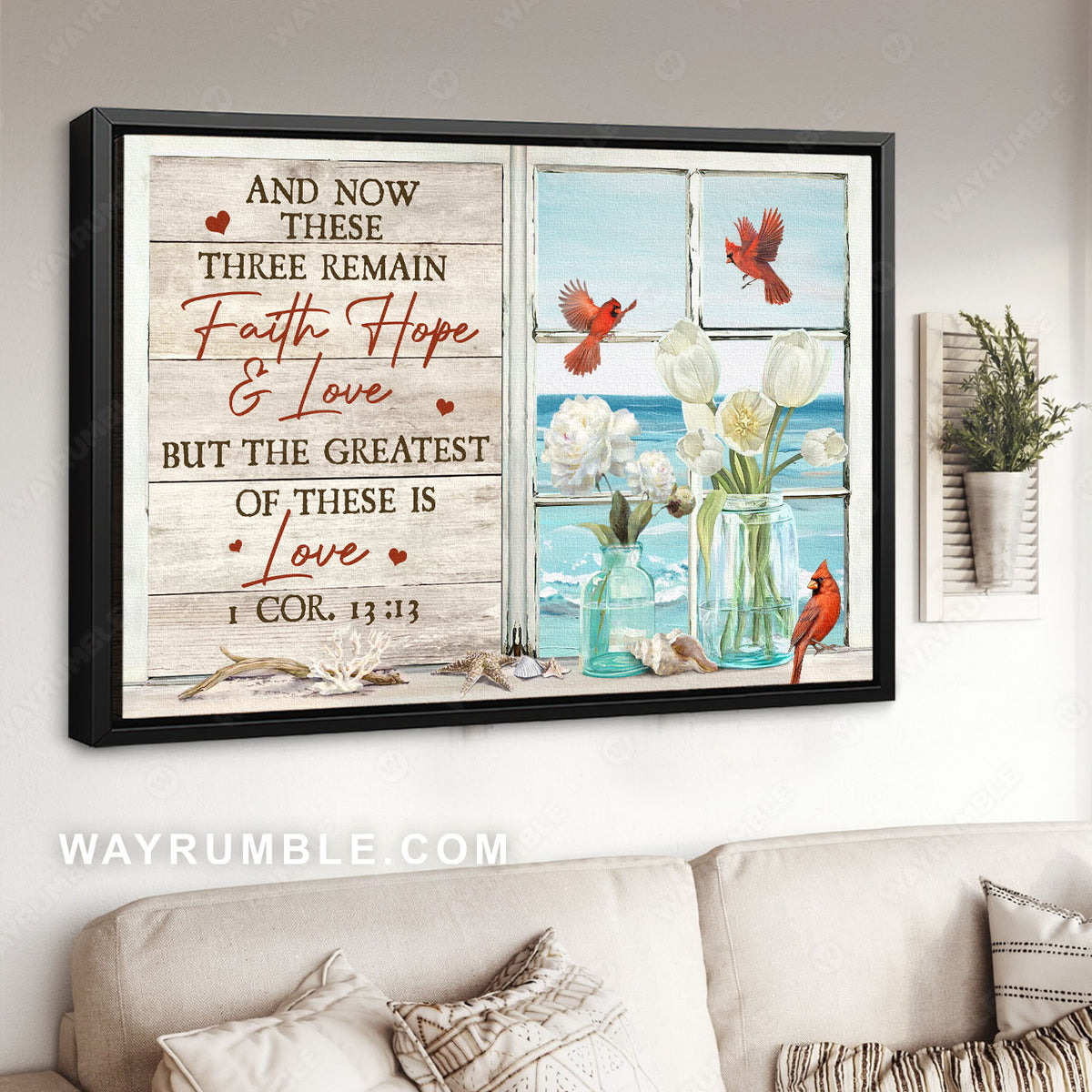 White flower, Northern cardinal, Blue beach, But the greatest of these is love - Jesus Landscape Canvas Prints, Christian Wall Art