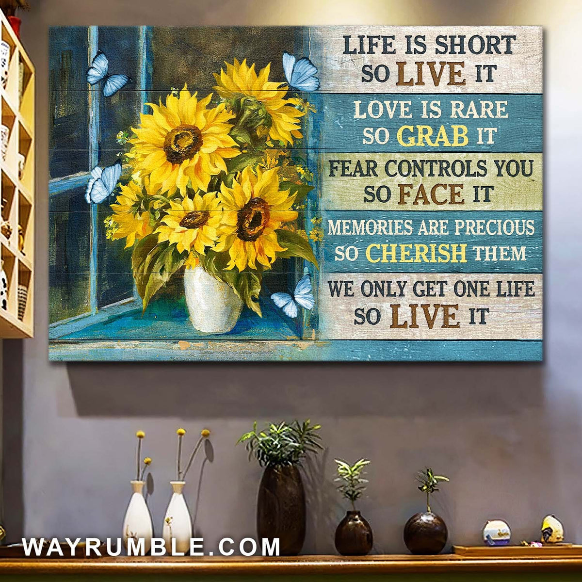 Sunflower vase, Still life art, By the window, We only get one life - Jesus Landscape Canvas Prints, Wall Art