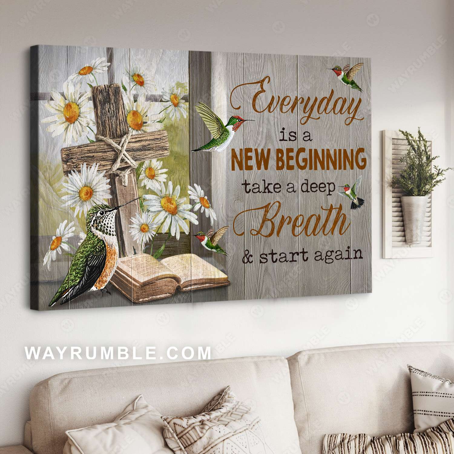 Cross symbol, Daisy flower, Humming bird, Bible, Everyday is a new beginning - Jesus Landscape Canvas Prints, Christian Wall Art