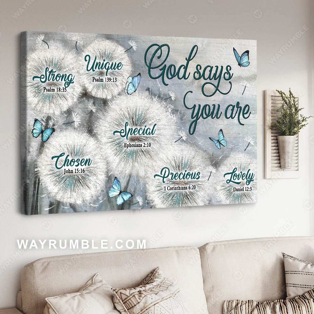 Dandelion Field, Blue butterfly, God says you are - Jesus Landscape Canvas Prints, Christian Wall Art