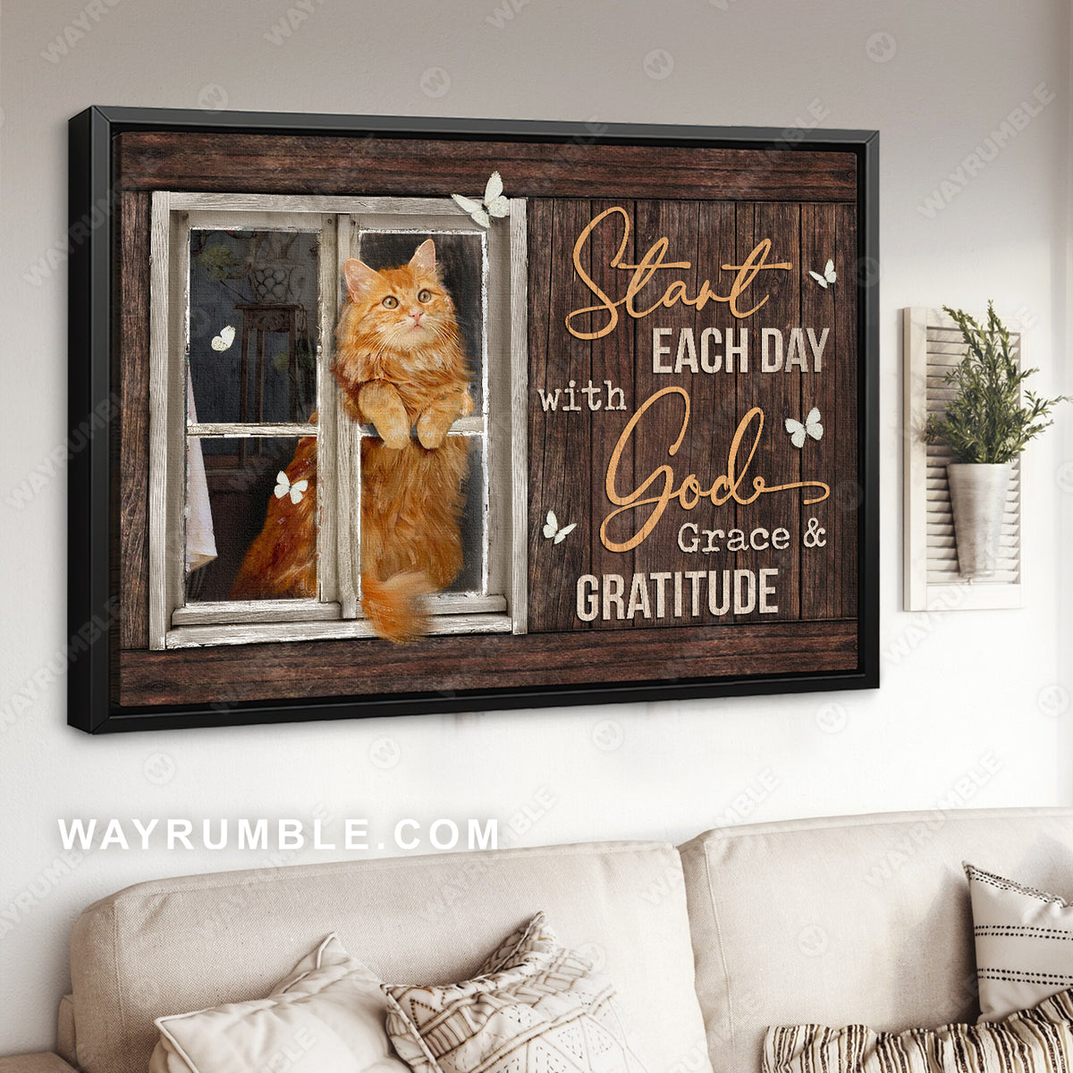 Cat painting, Little cat by the window, Start each day with God - Jesus Landscape Canvas Prints, Christian Wall Art