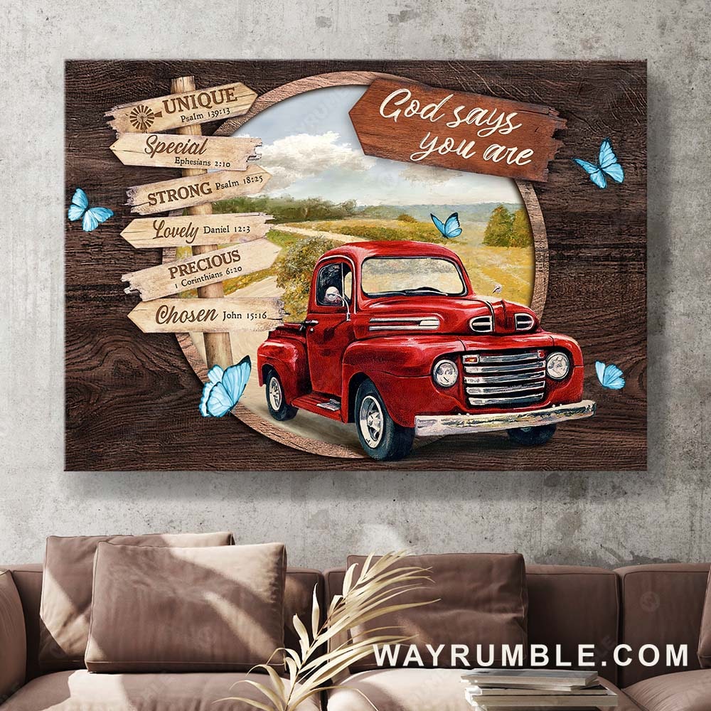 Red truck, countryside painting, God says you are unique - Jesus Landscape Canvas Prints, Christian Wall Art