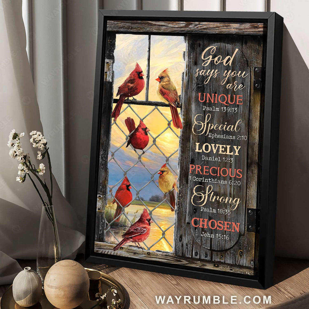 Cardinals drawing, Sunset sky, Wire fence, God says you are unique - Jesus Portrait Canvas Prints, Christian Wall Art