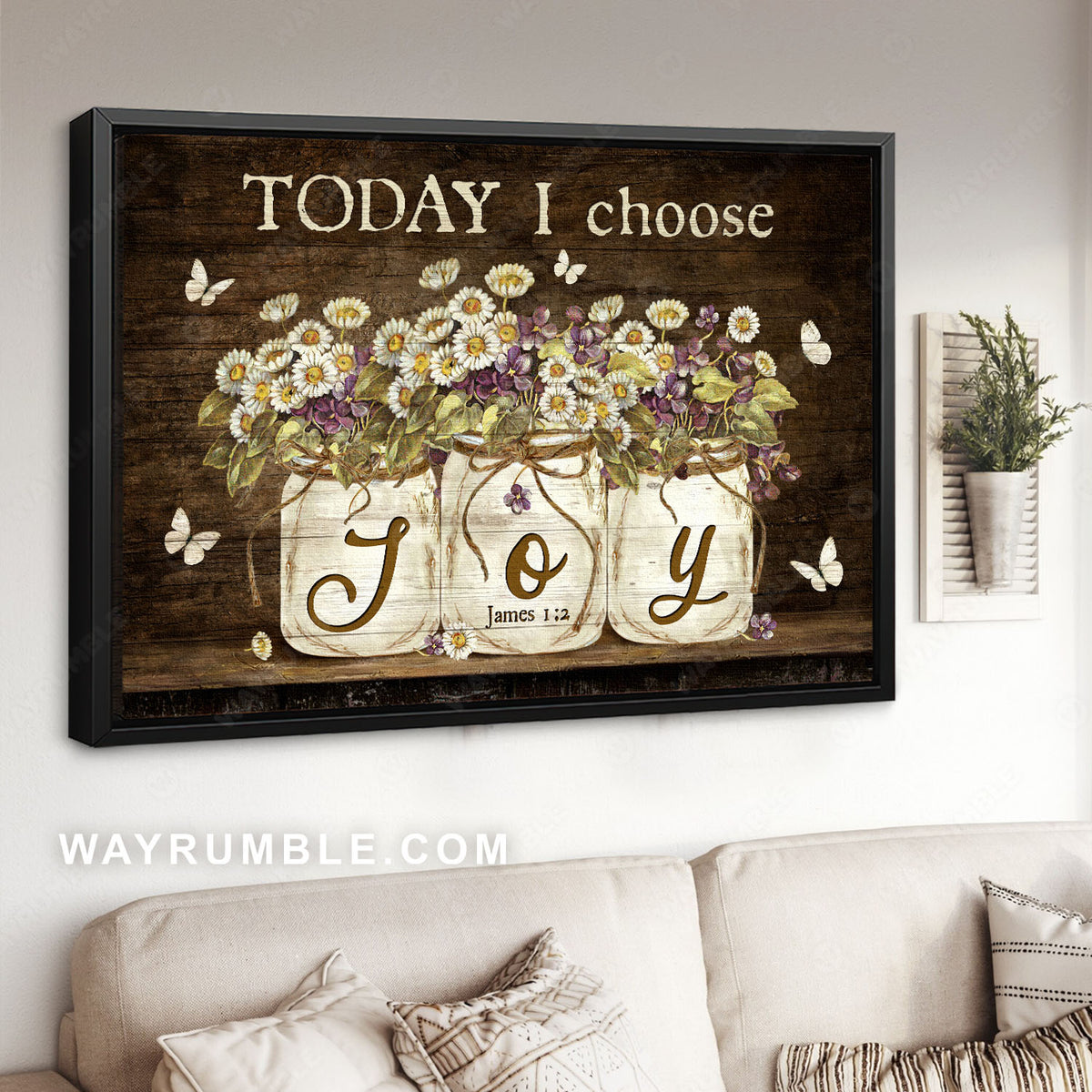 White daisy, Purple flower, Mason jars, Today I choose joy - Jesus Landscape Canvas Prints, Christian Wall Art