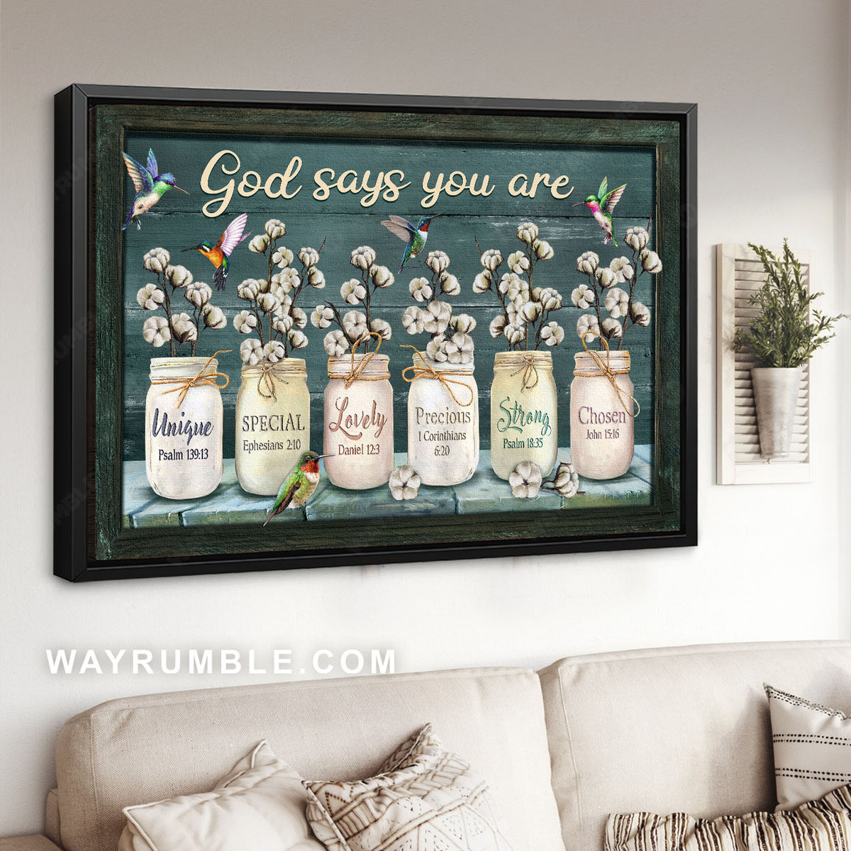 Cotton flower, Glass jar, Colorful hummingbirds, God says you are unique - Jesus Landscape Canvas Prints, Christian Wall Art