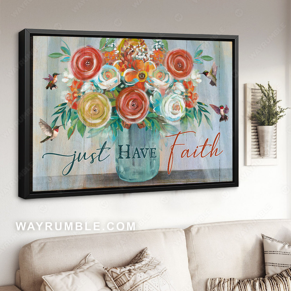 Flower painting, Red rose, Green hummingbirds, Just have faith - Jesus Landscape Canvas Prints, Christian Wall Art